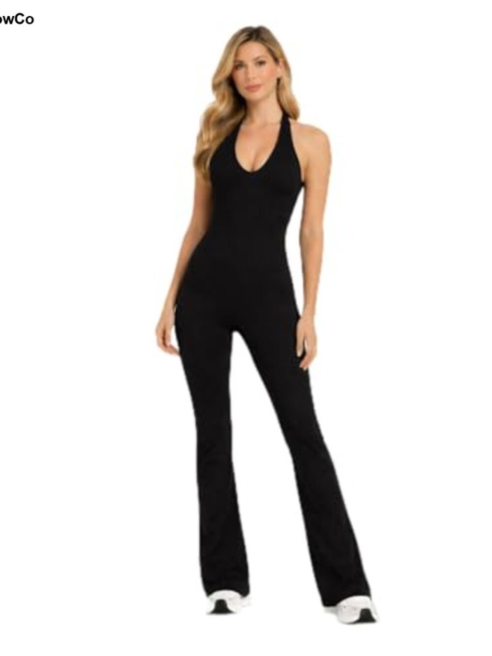 Halter V-Neck Backless Flare Leg Jumpsuit Nylon Spandex One Piece